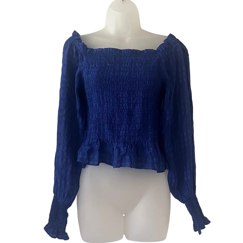 AQUA Smocked Ruffle Peplum Top balletcore Square Neck Long Sleeve Viscose Sz S